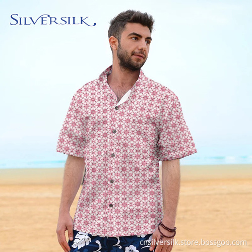 Print Men Blouse Short Red Flower Custom Shirt